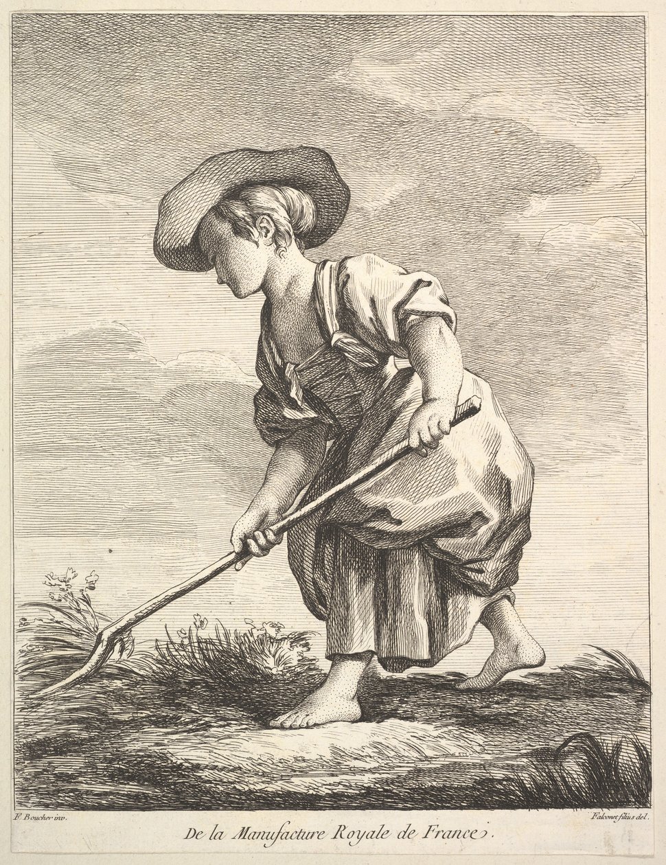 Lille pige, der laver landbrugsarbejde, fra First Book of Figures efter porcelænerne fra M..., 1757. af Pierre Etienne Falconet