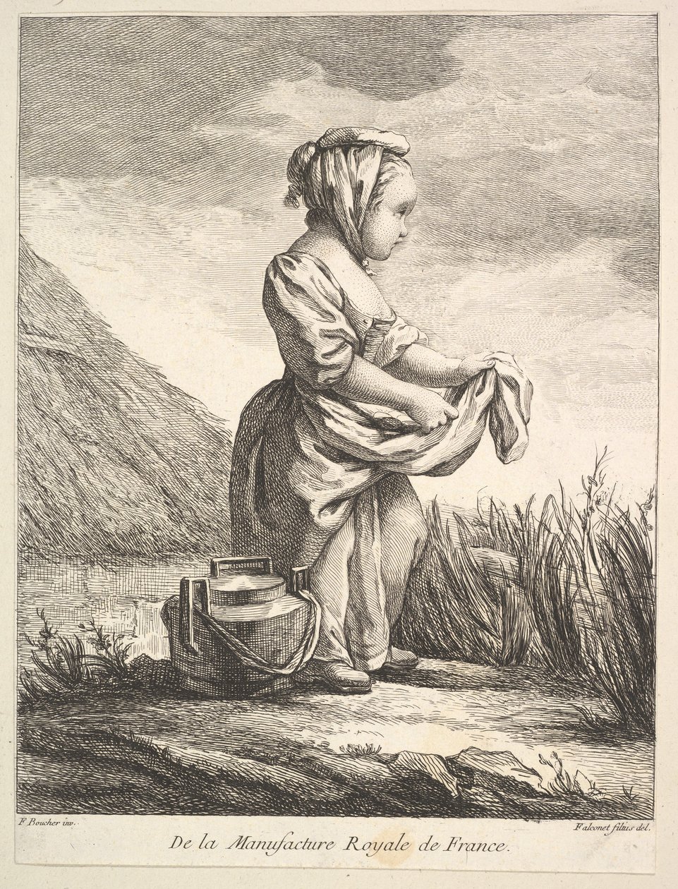 Little girl with a vessel by her feet, from Premier Livre de Figures daprès les porcelain ..., 1757. dani af Pierre Etienne Falconet