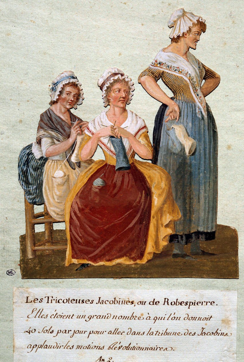 Fransk revolution: Jacobin strikkere eller Robespierre. Vi gav disse kvinder penge til at gå til Jacobin Club. Gouache af Pierre Etienne Lesueur (aktiv omkring 1791-1810) af Pierre Etienne Lesueur