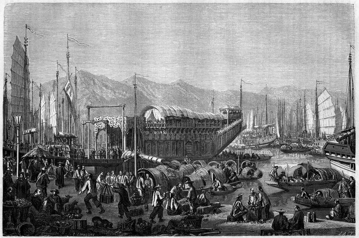 Boat des Fleurs, en restaurant og et sjovt sted i havnen i Shanghai i 1860, Kina. Gravering af Grandsire, i "" Le Tour du Monde, Nouveau journal des Voyages"", redigeret af Edouard Charton, Paris af Pierre Eugene Grandsire