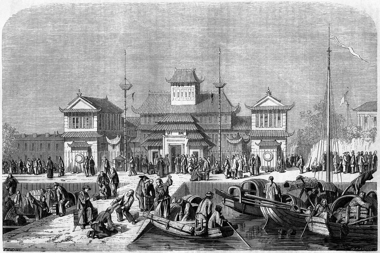 Toldsyn i havnen i Shanghai i 1860, Kina. Gravering af Grandsire, i "" Le Tour du Monde, Nouveau journal des Voyages"", redigeret af Edouard Charton, Paris af Pierre Eugene Grandsire