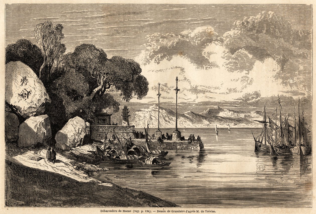 Barcadere de Macau, tegning af Grandsire for at illustrere rejsen til Kina og Japan, i 1857-1858, af M. de Moge. Indgravering i "" Le tour du monde, nouveau journal des voyages"" Paris af Pierre Eugene Grandsire
