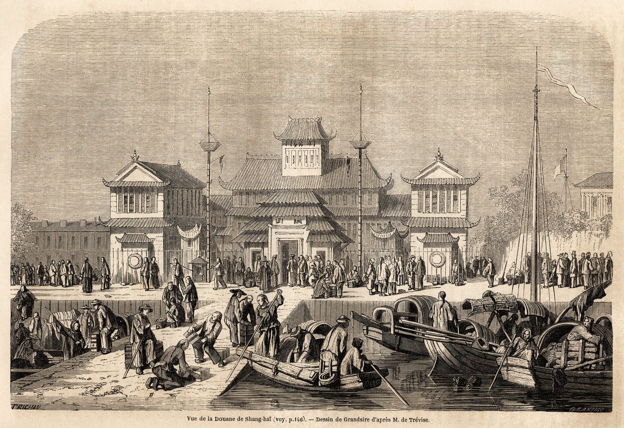 Shanghai Customs Building, tegning af Grandsire, for at illustrere rejsen til Kina og Japan, i 1857-1858, af Marquis de Moges. Indgravering i "" Le tour du monde, nouveau journal des voyages"" Paris af Pierre Eugene Grandsire