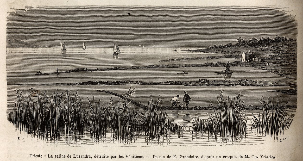 Saltvandet fra Lusandra, i nærheden af Trieste, ødelagt af venetianerne, der så det som en farlig rivalisering af det monopol, de udøvede i Adriaterhavet, gravering af E.Grandsire, der illustrerer rejsen til Istrien og Dalmatien i 1874 af Charles Yria af Pierre Eugene Grandsire