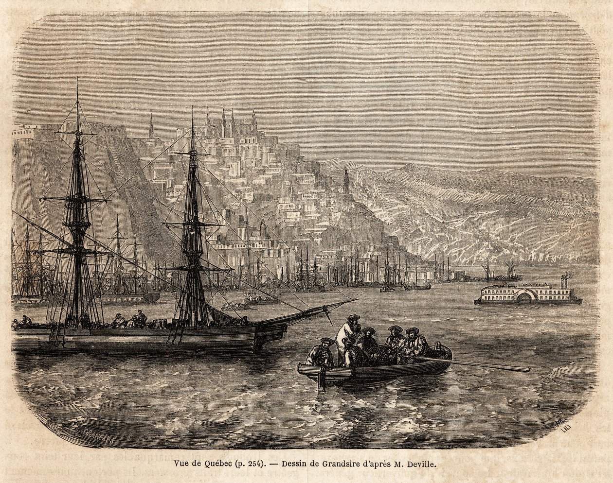 Udsigt over Quebec, tegning af Grandsire, for at illustrere rejserne til Nordamerika i 1854-1855, af L. Deville. Stik i “” Le tour du monde”” 1861. Selvas samling. af Pierre Eugene Grandsire
