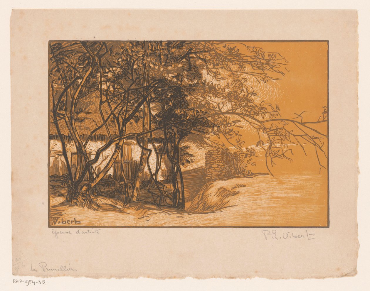 Landskab med en gård bag træer Les Prunelliers (titel på objekt) af Pierre Eugène Vibert (signed by artist)
