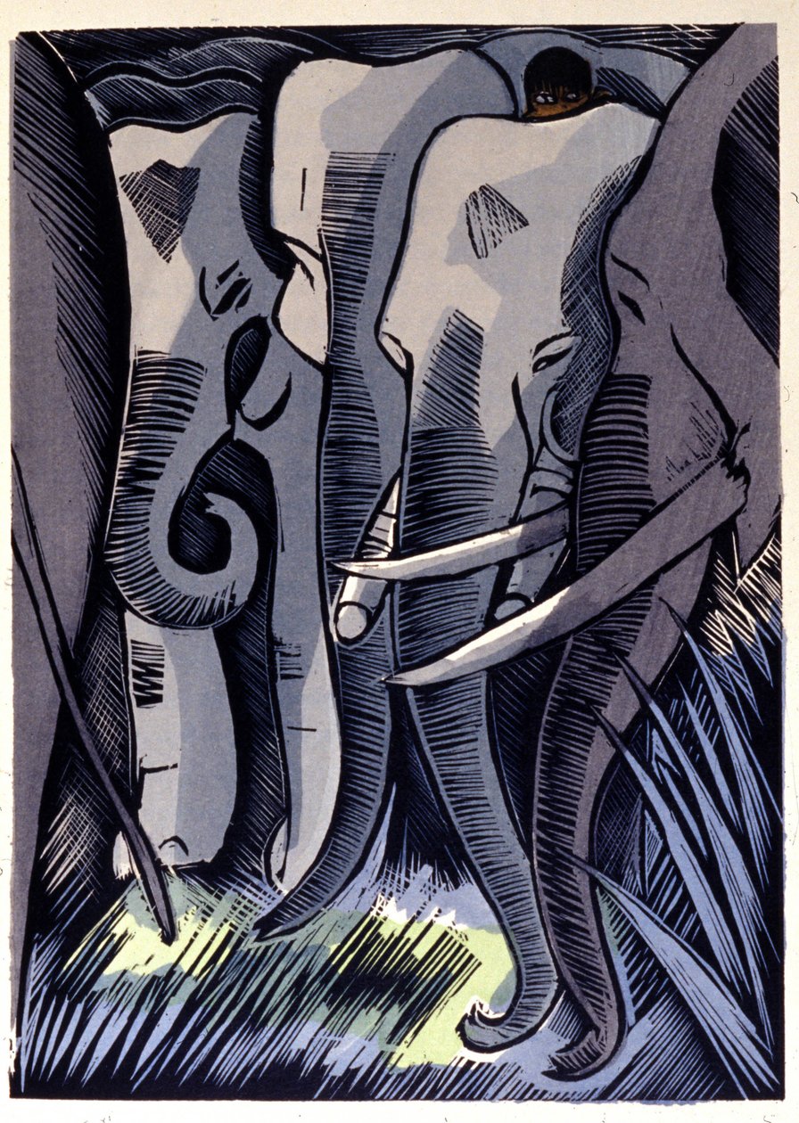 Mogli gemmer sig på ryggen af elefanter. Rudyard Kipling "Junglebogen" af Pierre Falke