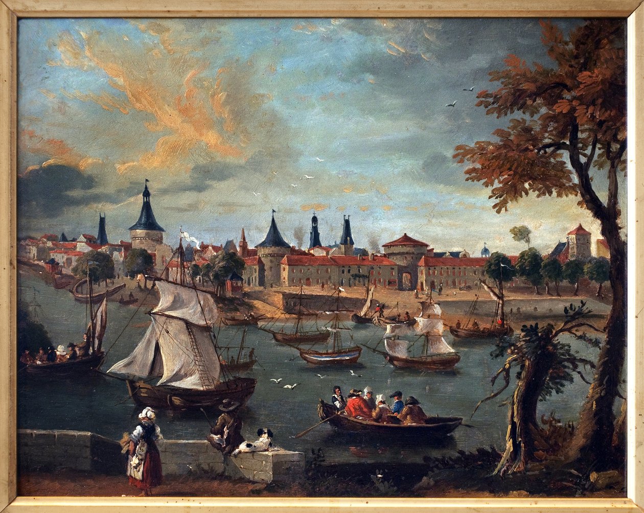 Havnen i Libourne i det 18. århundrede. Kunstværk af Pierre Fournier (1740-1793), olie på papir maroufle på pap af Pierre Fournier