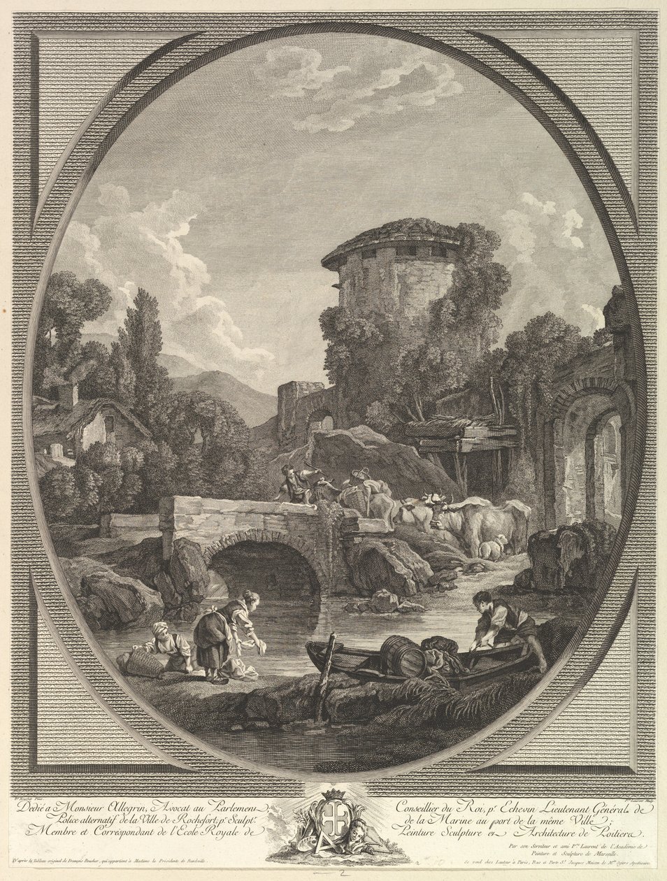 Landskab med bro og dueslag, 1700-tallet. af Pierre Francois Laurent