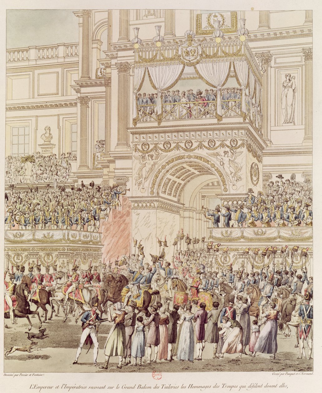 Kejseren og kejserinden modtager de franske troppers hyldest fra Tuileriernes balkon i anledning af deres ægteskab, indgraveret af Charles Pierre Joseph Normand (1765-1840) (farve) af Pierre Francois Leonard Fontaine