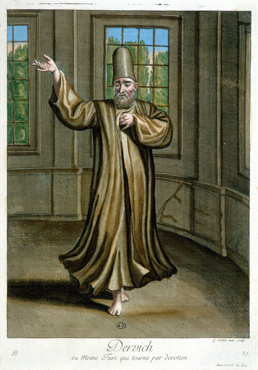 Dervich, eller tyrkisk munk, der danser af hengivenhed, "" Samling af 100 tryk, der repræsenterer forskellige nationer i Levanten i 1707 og 1708"" efter ordre fra M. de Frriol, kongens ambassadør ved Porte og opdateret i 1712-13 af plejen af M. Le Hay, Bas af Pierre François Basan