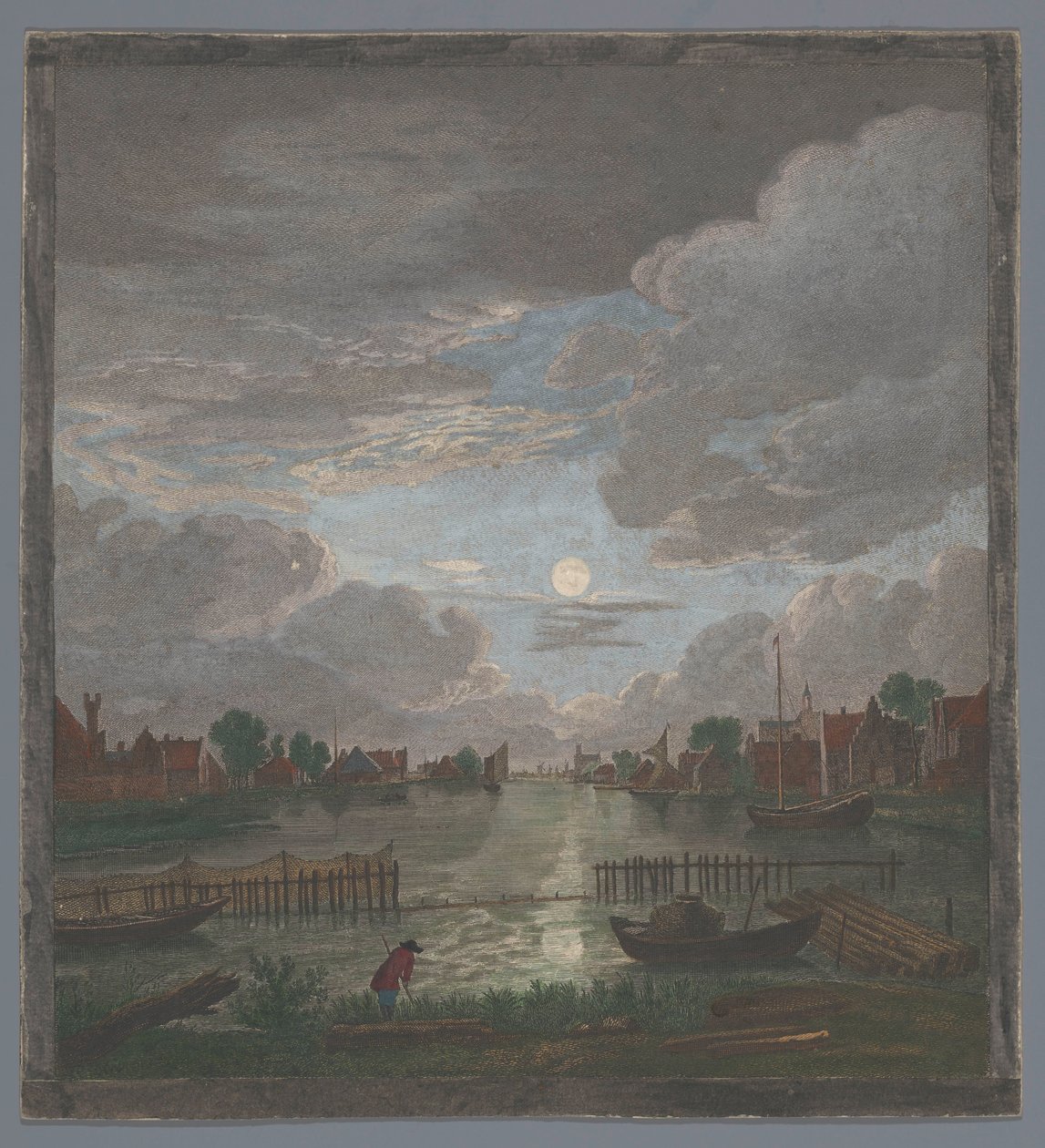 Udsigt over en kanal nær byen Haarlem ved måneskin Vûe du canal proche de Haerlem (titel på objekt) af Pierre François Basan