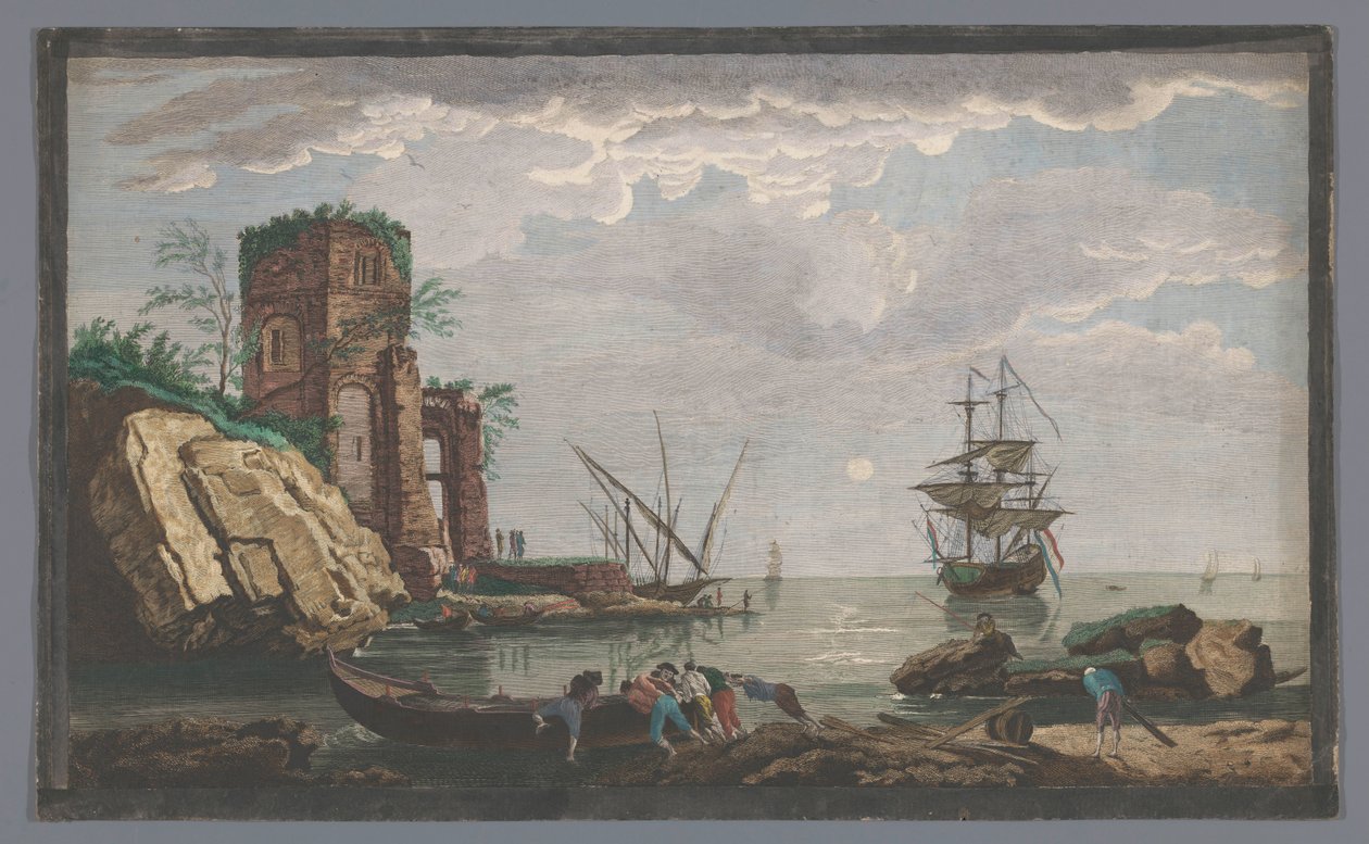 Udsigt over en kyst nær byen Toulon ved måneskin Vüe ​​​​des environs de Toulon (titel på objekt) af Pierre François Basan