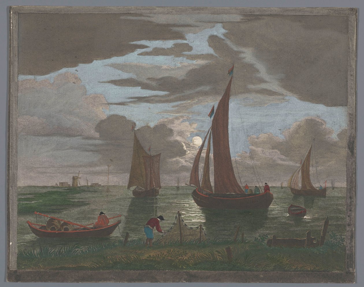 Udsigt over en kyst med skibe og både på vandet ved måneskin 1er. Clair de lune (titel på objekt) af Pierre François Basan