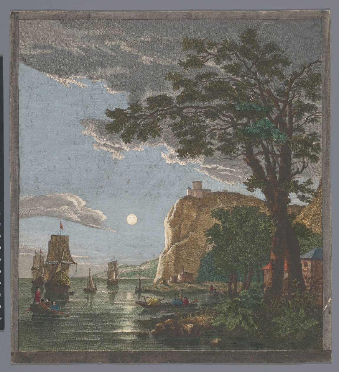 Udsigt over en kyst med skibe og både på vandet ved måneskin La pleine lune (titel på objekt) af Pierre François Basan