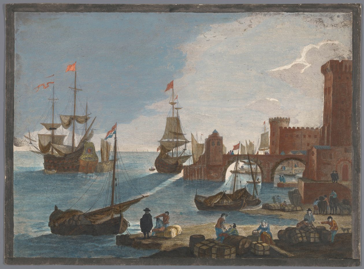 Udsigt over en havn med skibe og både på vandet 11. Vüe ​​​​maritime (titel på objekt) af Pierre François Basan