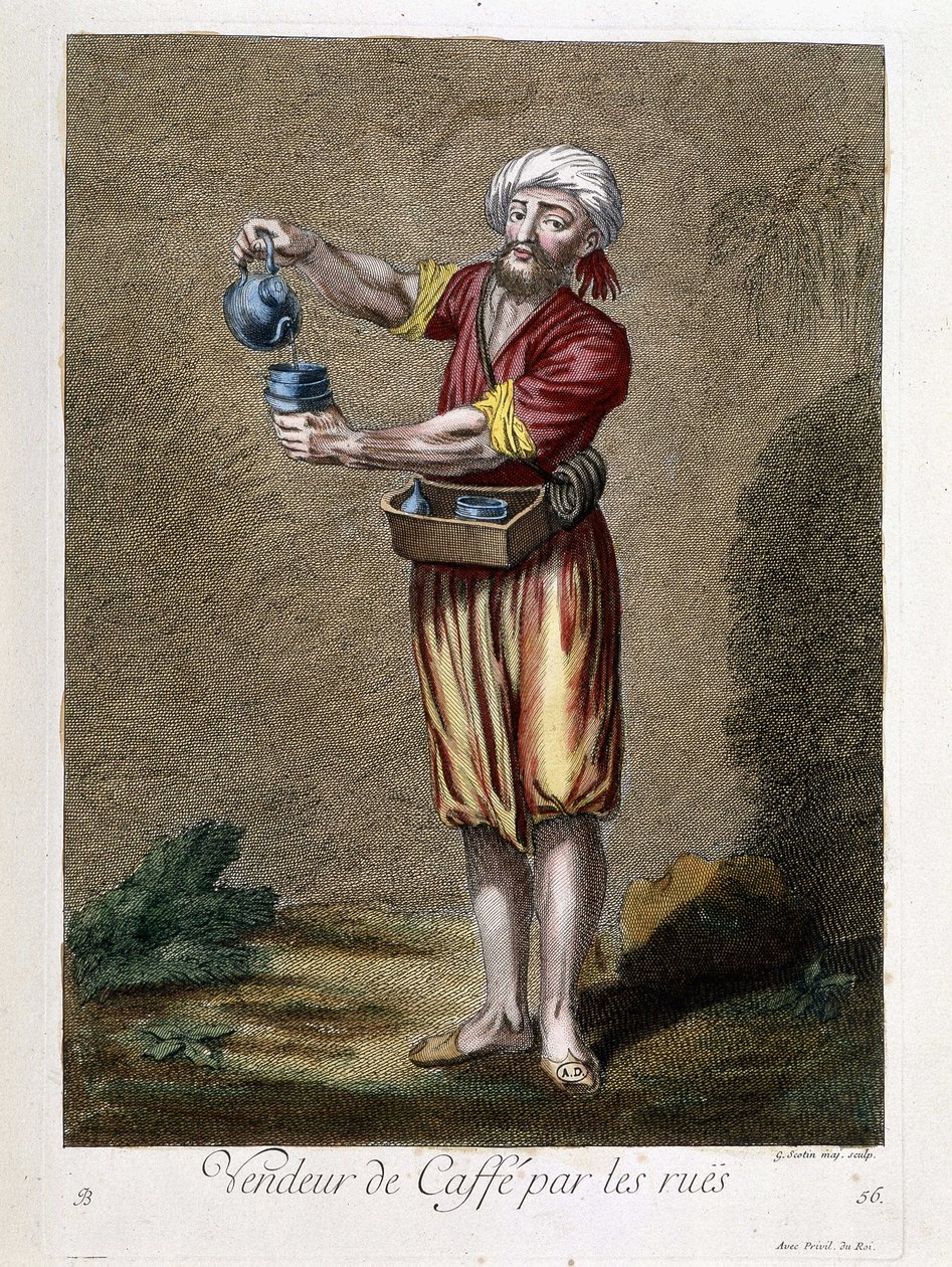 Sælger af kaffe ved gaderne, "" Samling af 100 tryk, der repræsenterer forskellige nationer i Levanten i 1707 og 1708"" efter ordre fra M. de Frriol, kongens ambassadør ved Porte og opdateret i 1712-13 af pleje af M. Le Hay, Basan-gravør, Par af Pierre François Basan