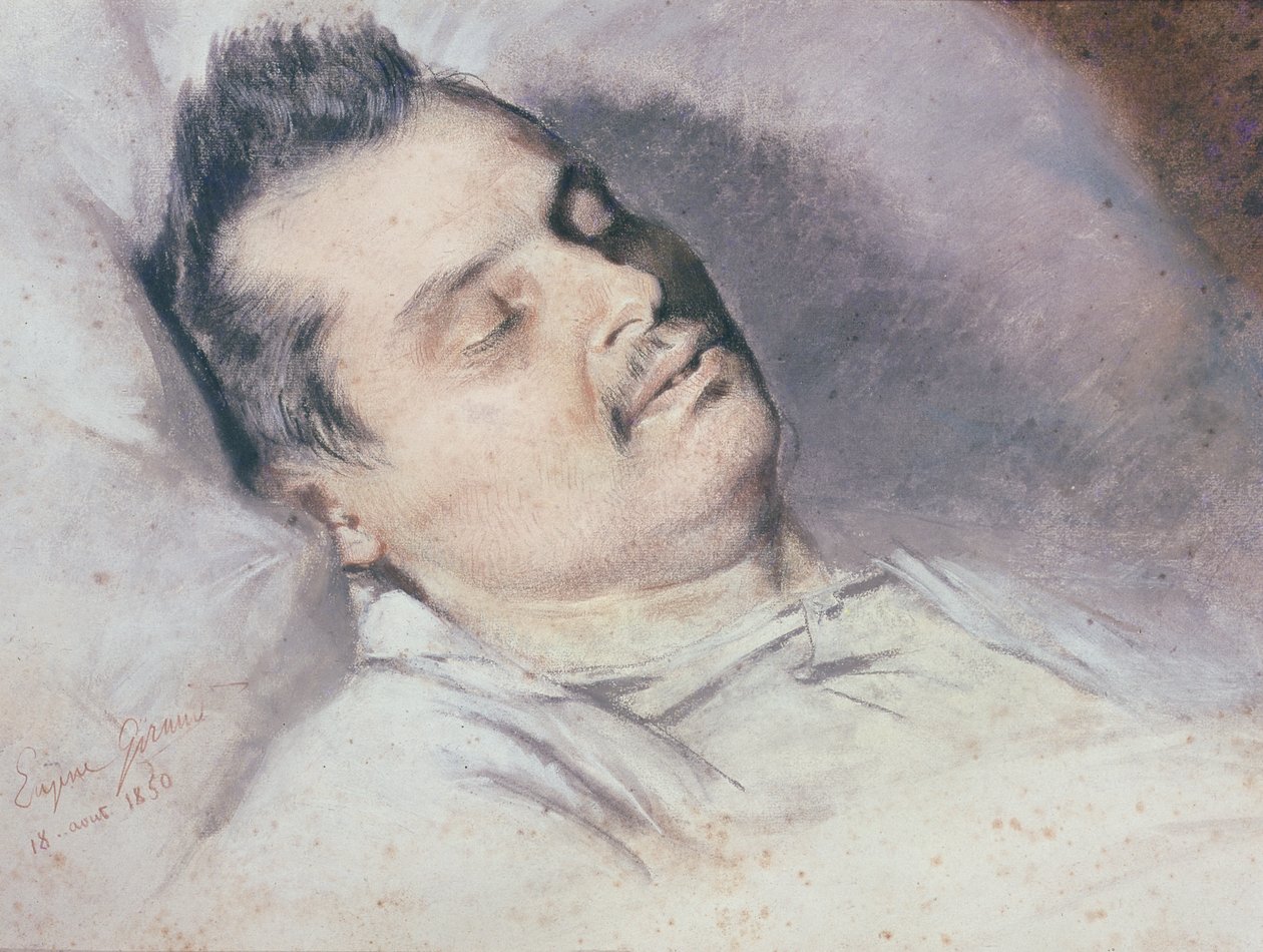 Honore de Balzac (1799-1850) på sit dødsleje, 15. august 1850 (pastel og kridt på papir) af Pierre François Eugène Giraud