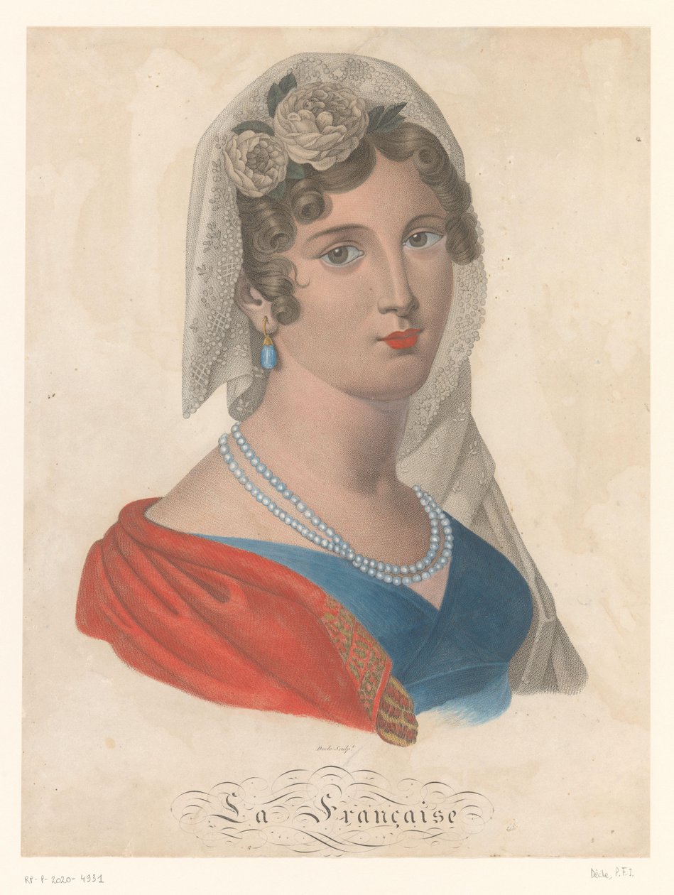 Fransk kvinde med øreringe med blå ædelsten, hvidt slør og roser i håret La Francaise (titel på objekt) af Pierre François Isidore Dècle