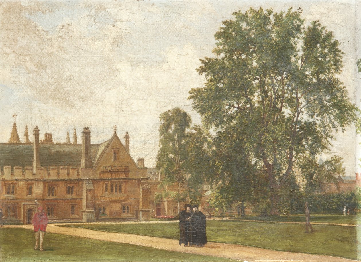 In the Grounds of Magdalen College, med portrætter af Magdalen Fellows: Reverend T. H. T. Hopkins, Reverend H. R. Bramley, Reverend J. Rigaud og Reverend H. F. Garnsey, 1882 af Pierre François Joseph Tonneau