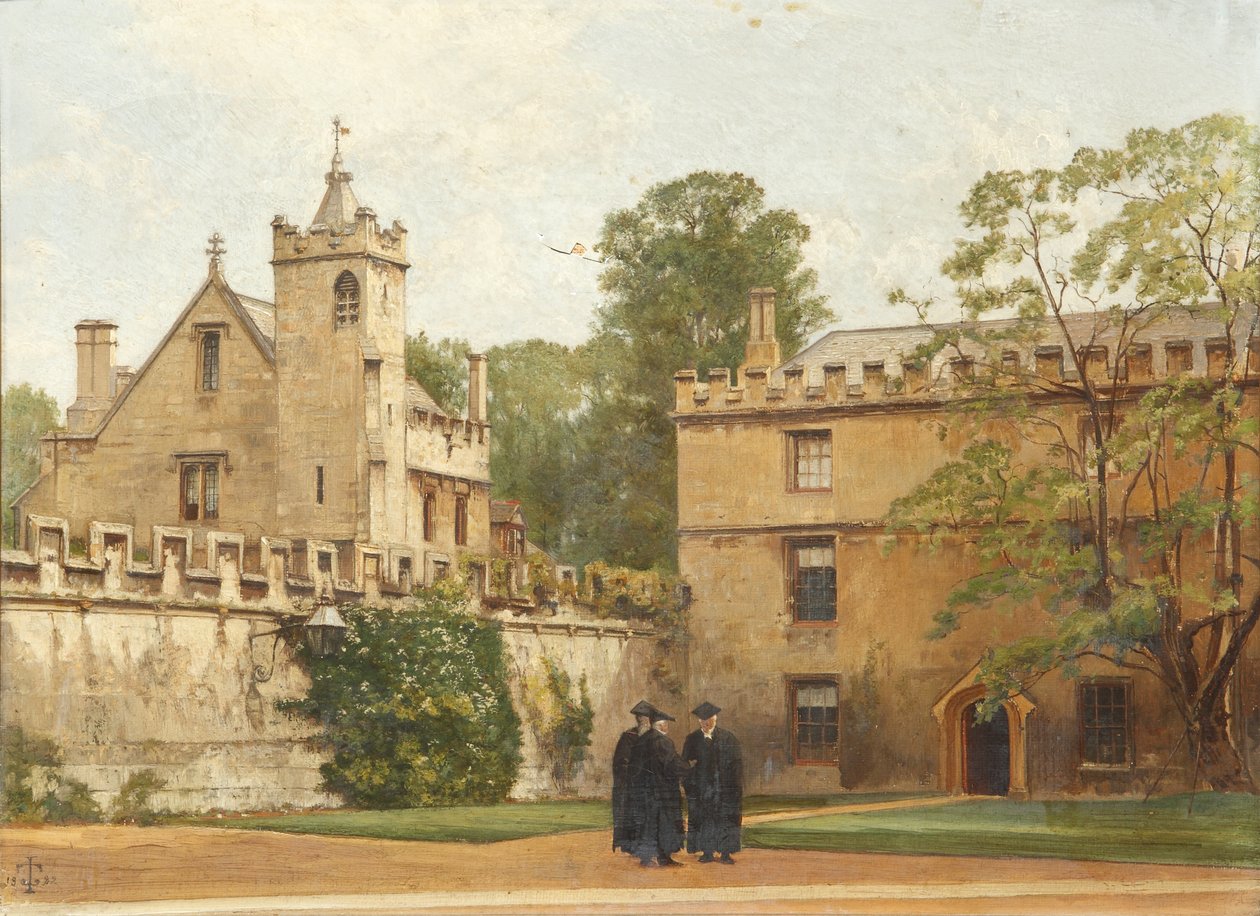 Grammar Hall fra St Johns Quadrangle i 1881: President Bulley in the Lodgings Drive and Two Others, 1881 af Pierre François Joseph Tonneau