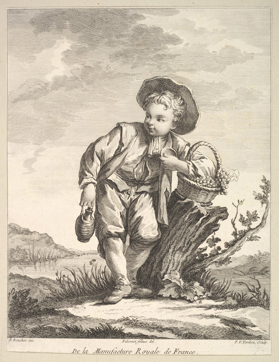 Lille dreng, der holder en kurv med druer, fra Second Book of Figures efter po..., efter 1757. af Pierre François Tardieu