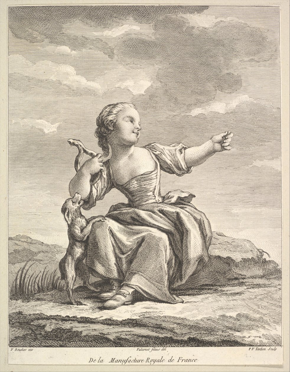 Lille pige, der leger med en hund, fra Second Book of Figures efter porcelænet... efter 1757. af Pierre François Tardieu