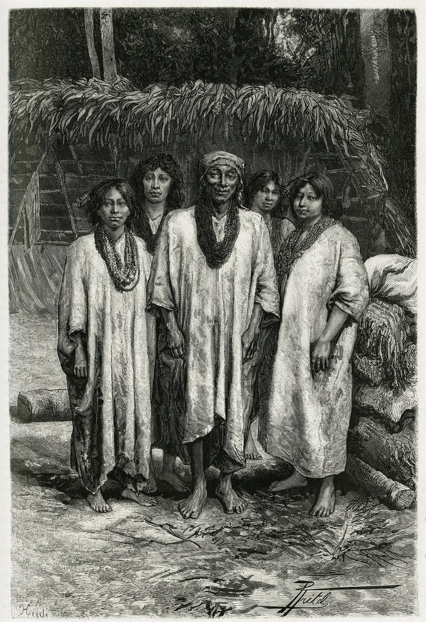 Chief Lacandon og Lacandon typer, mayafolk, der bor i junglen i Chiapas (Mexico). Gravering af P. Fritel, for at illustrere historien "" Rejsen til Yucatan og Lacandons land "", i 1882, af Desire Charnay (1828-1915) arkæolog og fotograf af Pierre Fritel