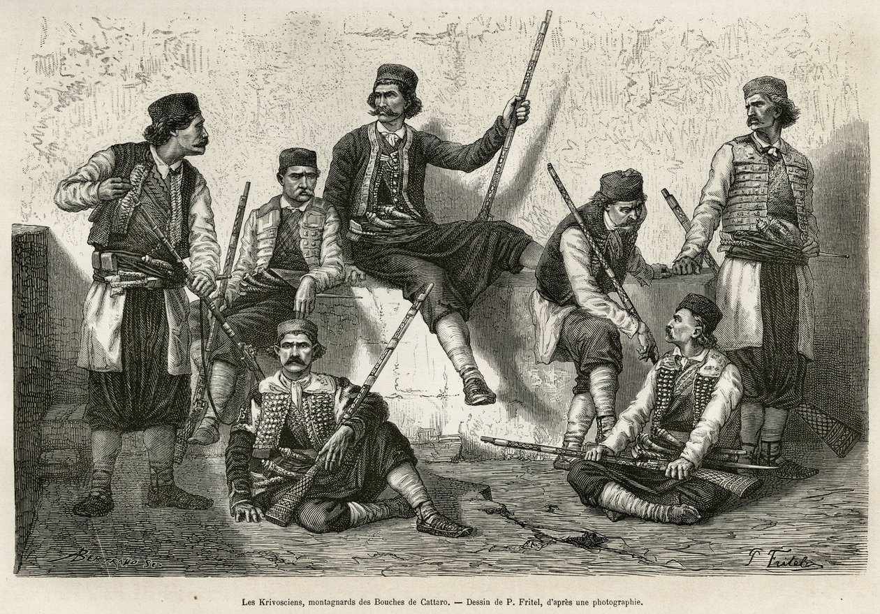 Krivoscians, bjergbestigere i Bouches de Cattaro (eller Kotor, bugten på Montenegros vestlige kyst), våben til at modstå de østrigske troppers magtangreb. Stik efter P.Fritels tegning, til illustration af rejsen til Dalmatien, af C af Pierre Fritel