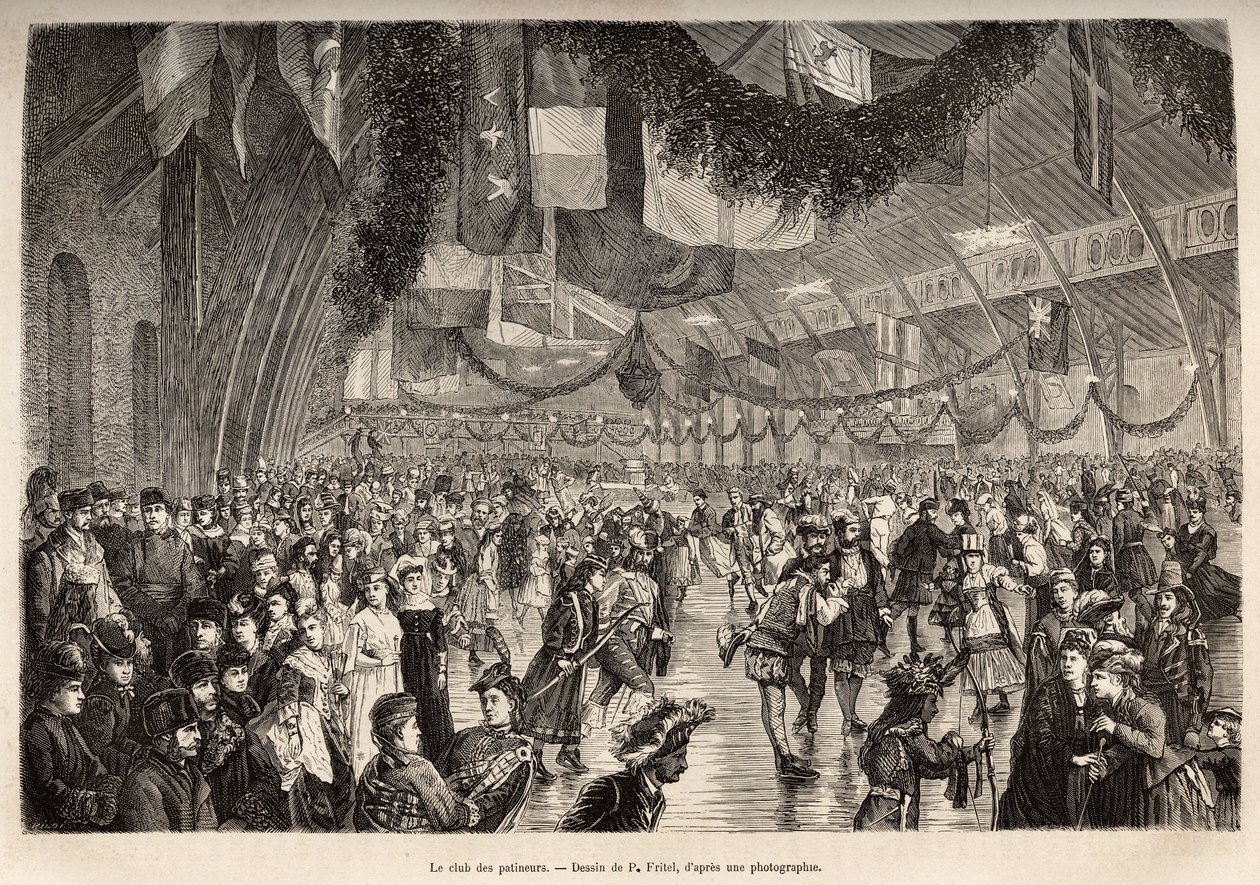 Montreal Skaters Club, på et møde for en kostume -skøjteløb, indgraveret efter en tegning af P.Fritel, der illustrerer udflugten til Canada og Riviere Rouge du Nord, af H. de LaMotte, i 1873, udgivet i “Le Tour du Monde ”” 1875, redigeret af Edo af Pierre Fritel