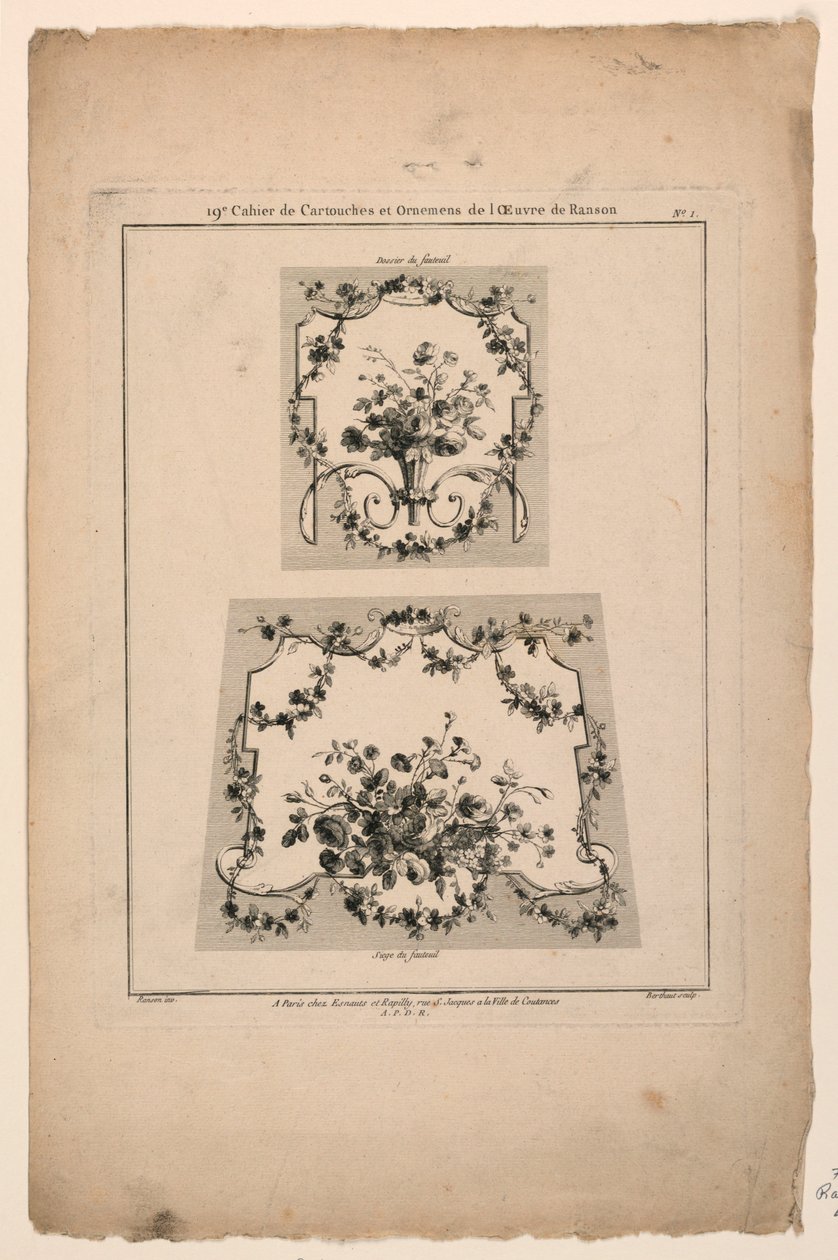 Designs til stolestole i gobelin, plade 1 fra "Cahier de Cartouches et Ornemens de l