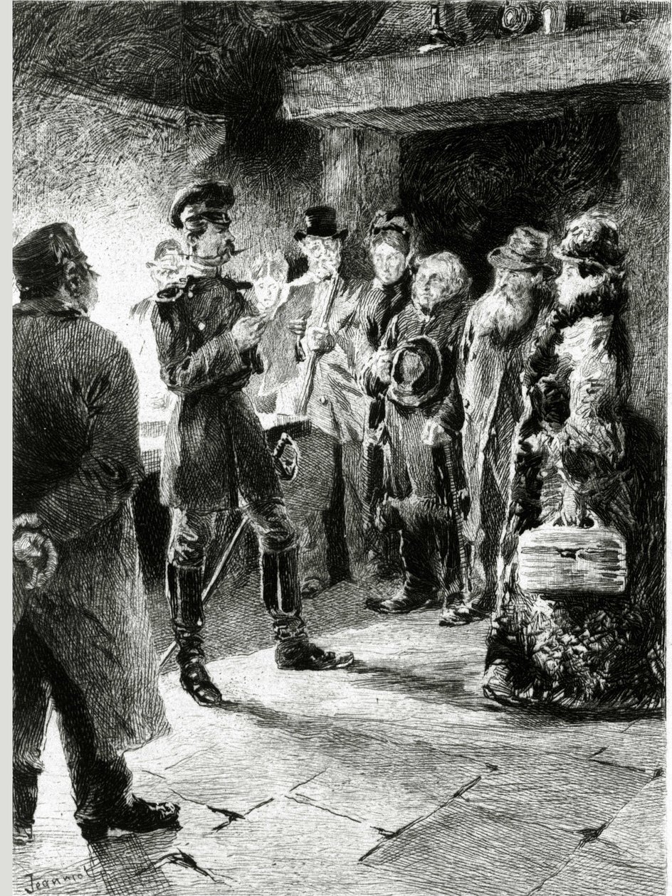 En tysk officer beder Boulle de talg til gengæld for frihed for alle de passagerer, der er blevet arresteret i diligencen. I "" Ball of tallow"" af Guy de Maupassant (1850-1893). Illustration af P. G. Jeanniot (1848-1934). Udgivet på Ollendorff i af Pierre Georges Jeanniot
