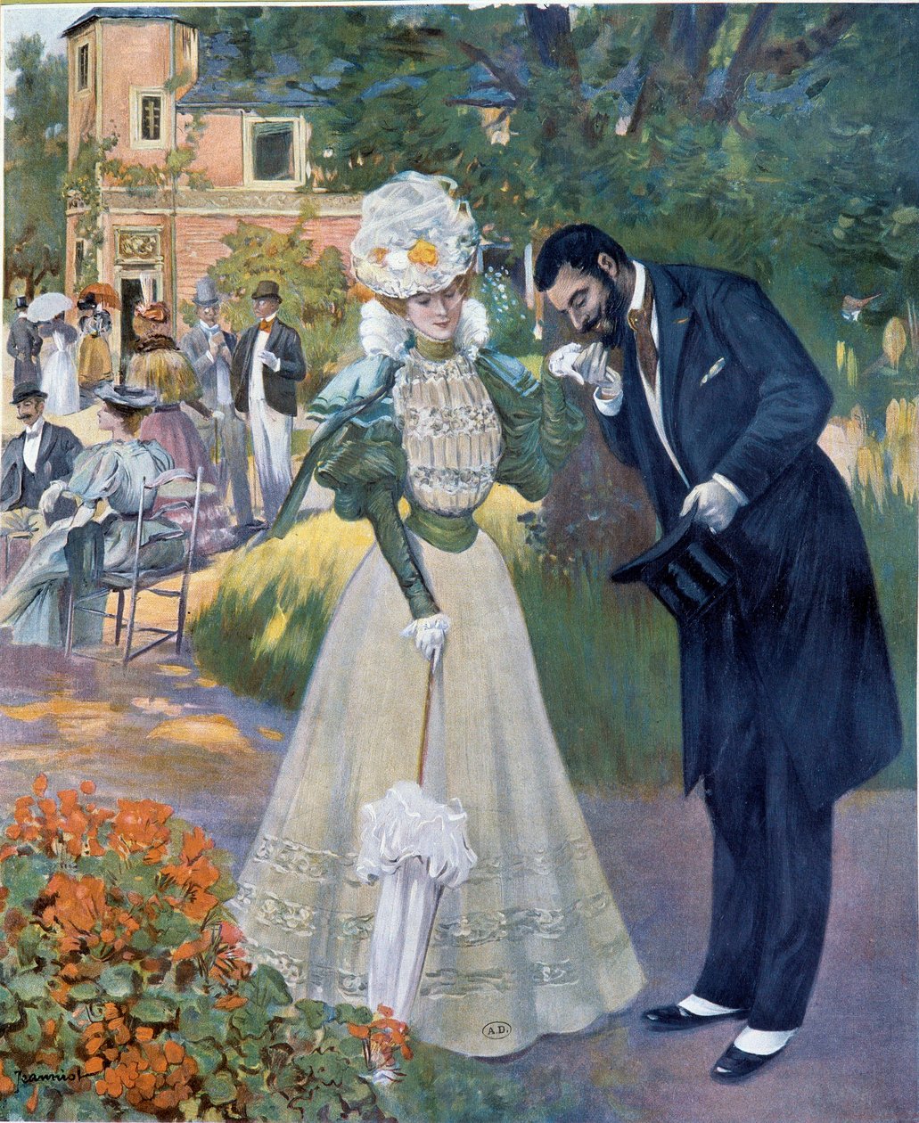 Belle epoque: "Håndsex": en mand, der hilser på en kvinde ved en reception. Illustration af Jeanniot for "" Le Figaro illustrious"" Begyndelsen af det 20. århundrede Paris, dekorativ kunst af Pierre Georges Jeanniot