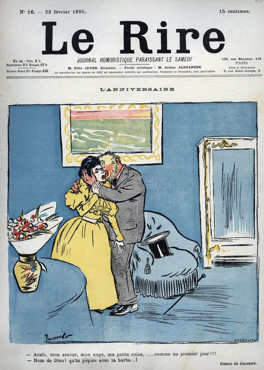 Fødselsdag - Anais, min kærlighed, min engel, min lille dronning, som på den første dag!!! - Jesus Kristus! Du stikker med dit skæg! - tegning af Pierre Georges Jeanniot (1848-1934) til "" Le Rire"" af 23. februar af Pierre Georges Jeanniot