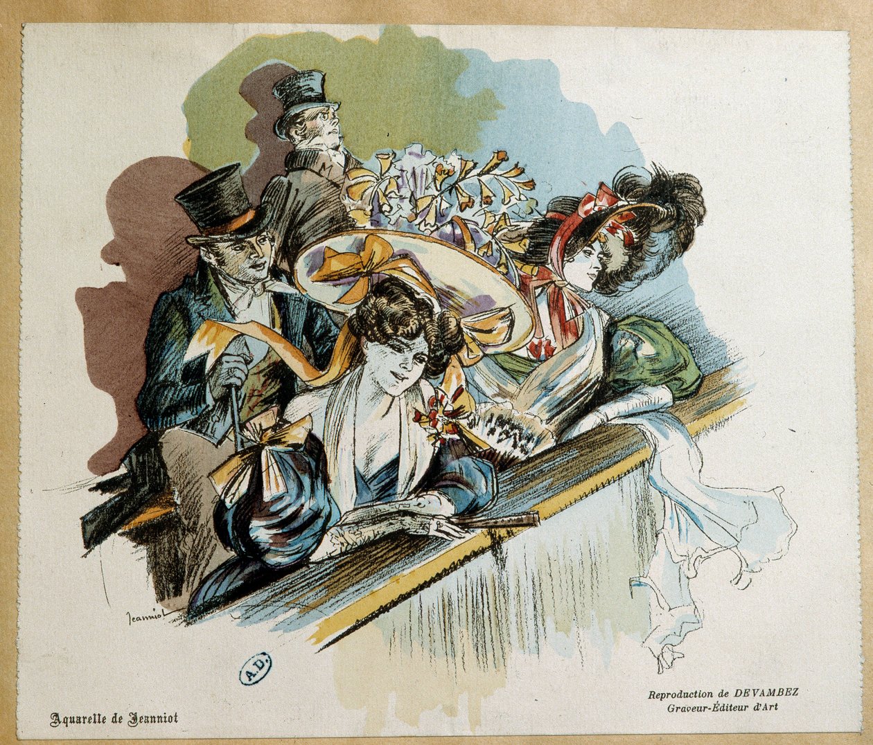 Elegant couples at the Watercolor Theater by Pierre Georges Jeanniotdani af Pierre Georges Jeanniot
