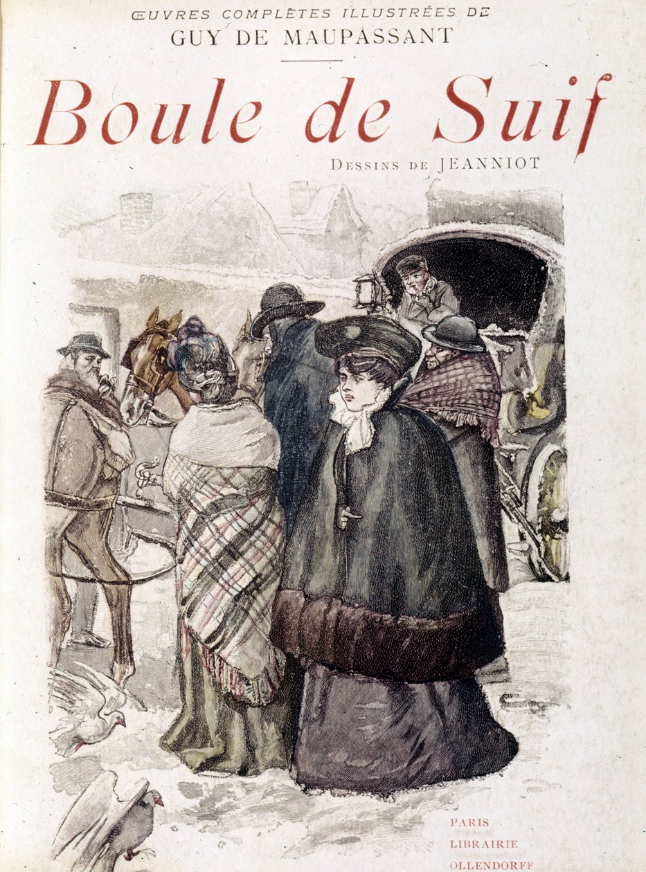 Diligencens rejsende blev arresteret af tyske officerer under Frankrigs besættelse af Preussen. I forgrunden: Suifs Prostituerede Ball. I "" Ball of tallow"" af Guy de Maupassant (1850-1893). Illustration af P. G. Jeanniot (1848-1934) af Pierre Georges Jeanniot
