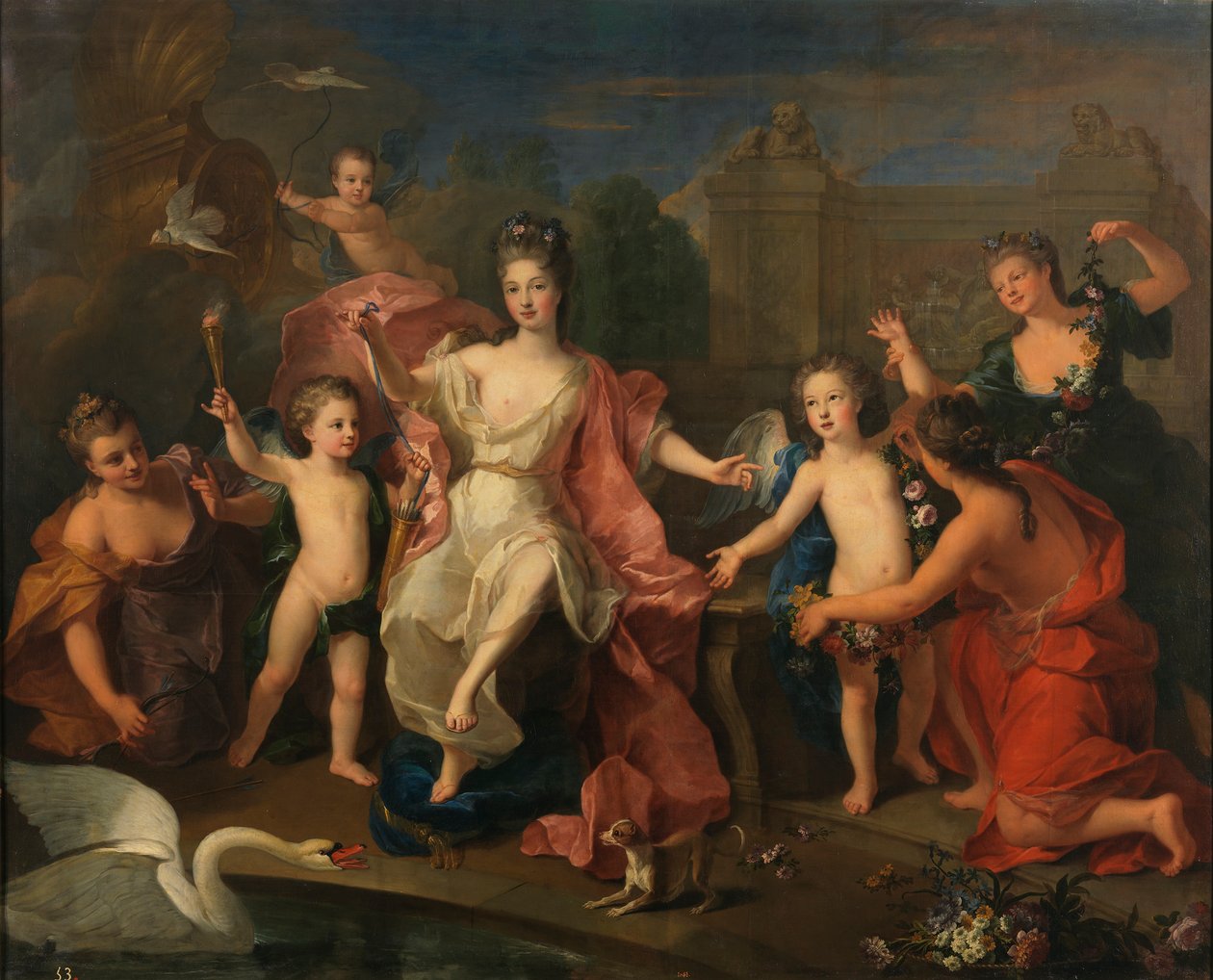 På spansk:  María Adelaida de Saboya, duquesa de Borgoña con sus hijos Hertuginden af Burgund med sine to sønner, hertugerne af Bretagne og Anjou (den kommende Ludvig XV) af Pierre Gobert