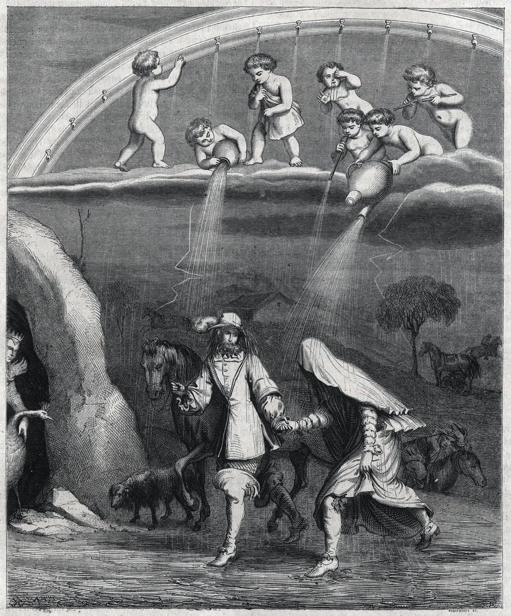 Enee og Didon overraskede over regnen i skoven. Illustration af "" Virgil transvestite"" af Paul Scarron (1610-1660), en parodi på "L