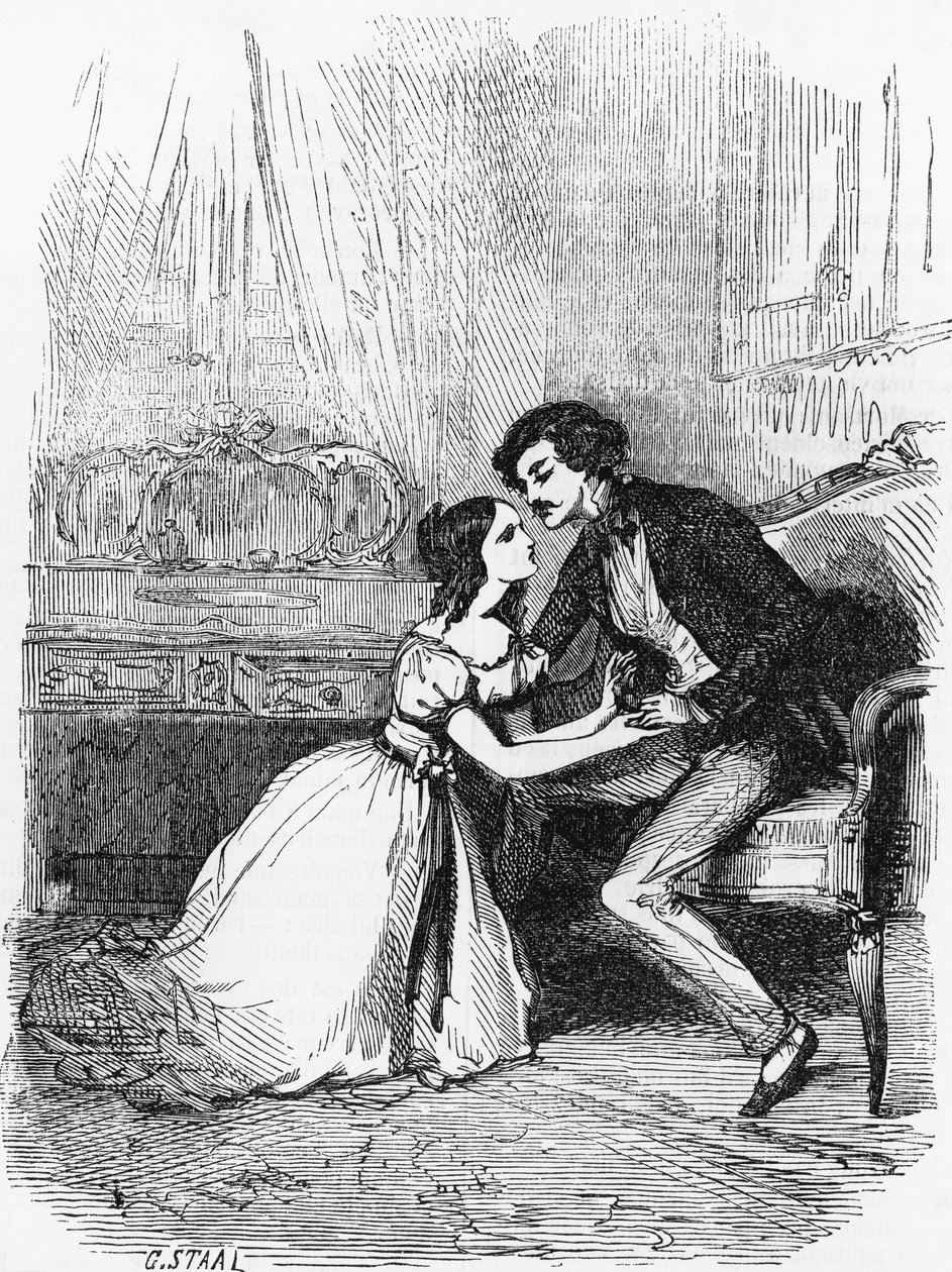 Illustration til sorte får, roman af Honore de Balzac (1799-1850) fra samlingen i flere bind med titlen Human Comedy, gravering af Pierre Gustave Eugene Staal (1817-1882) af Pierre Gustave Eugene (1817 82) Staal