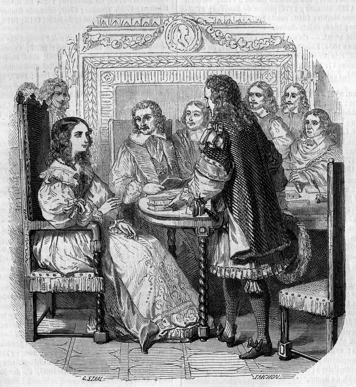 Besøg af dronning Christine af Suede (1626-1689) på Academy Francaise i Paris i nærværelse af kardinal Richelieu Gravering af G. Staal af Pierre Gustave Eugene Staal