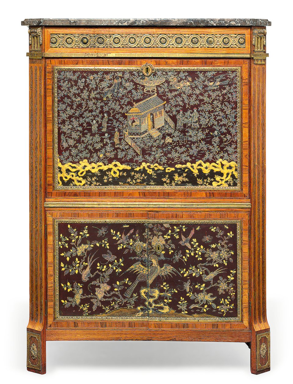 Louis XVI Secretaire a Abbatant, slutningen af det 18. århundrede (marmor, læder, ormolu-monteret kongetræ, tulipantræ, amarant, perlemor indlagt kinesisk lak & Japanning) (se også 3479849) af Pierre Harry Mewesen