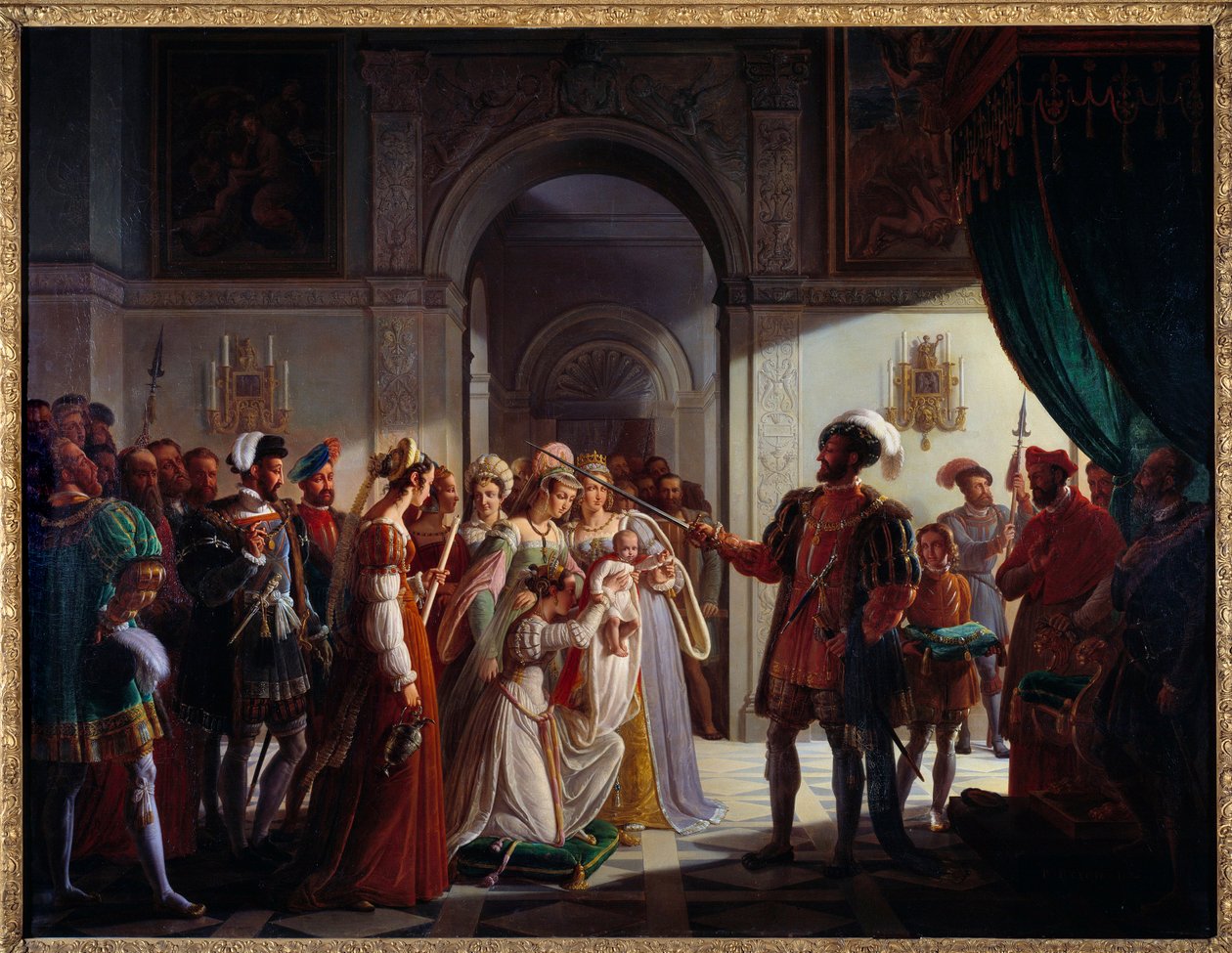Francois I (1494-1547) bevæbnede ridder sit barnebarn Francois II (1544-1560). Den unge prins er ledsaget af sine forældre Henrik II (1519-1559) og Catherine de Medici (Caterina de Medici) (1519-1589). Maleri af Pierre Henri Revoil (1776-1842) af Pierre Henri Revoil