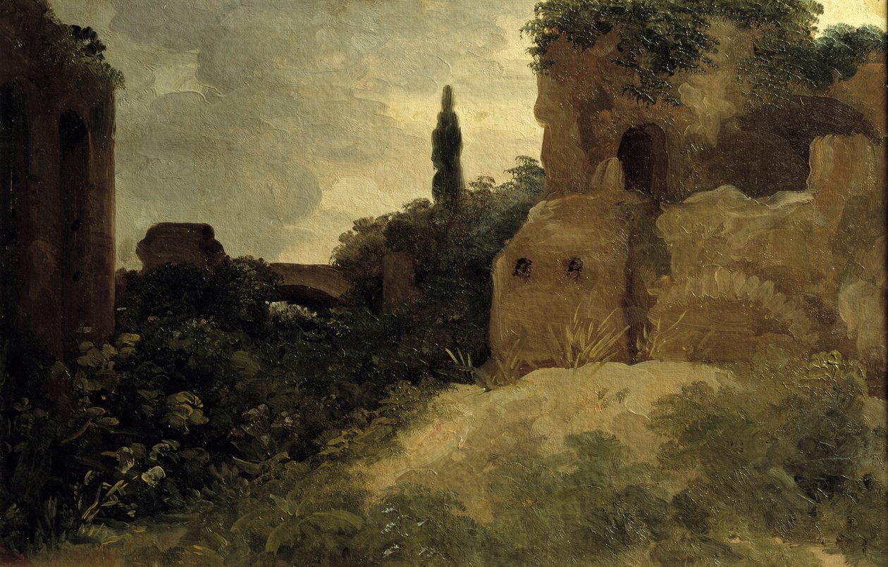 Ved Villa Farnese, romerske ruiner Maleri af Pierre Valenciennes (1750-1819) 1700-tallet søn. 0,26x0,4 m af Pierre Henri de Valenciennes