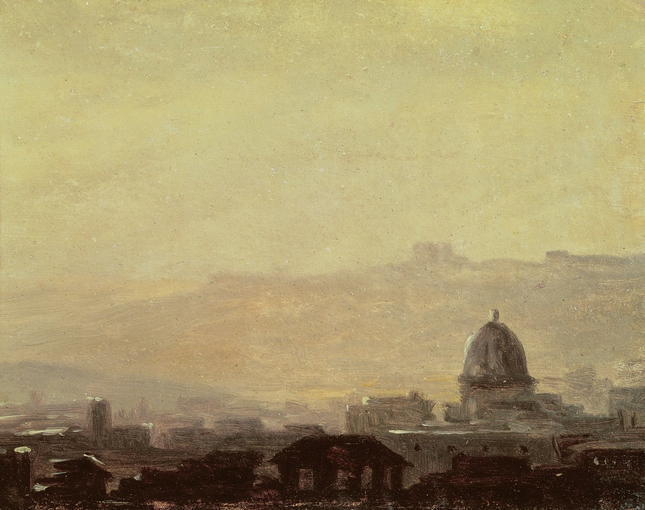 Huse domineret af en kuppel, Rom (olie på papir monteret på kort) af Pierre Henri de Valenciennes