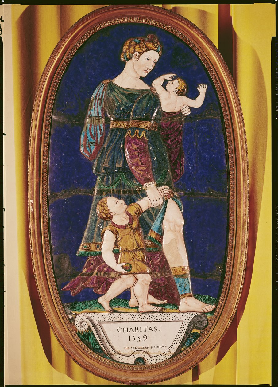 Plakett forestillende Charity, Limousin, 1559 (malet emalje) af Pierre I Courteys