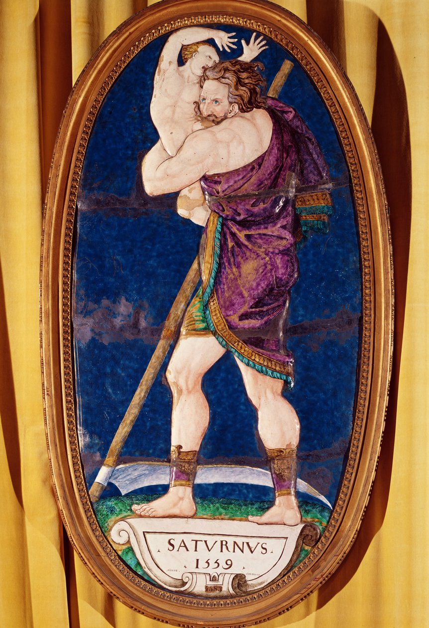 Plade, der forestiller Saturn, fra Chateau de Madrid, Neuilly, 1559 (malet emalje) af Pierre I Courteys
