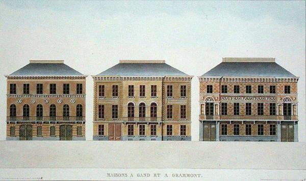 Huse i Gent og Grammont, Belgien, fra "Choix des Monuments, Edifices et Maisons les plus remarquables du Royaume des Pays-Bas" af Pierre Jacques Goetghebuer, udgivet i 1827 (akvaratint) af Pierre Jacques (after) Goetghebuer