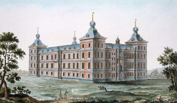 Slottet i Ronse, Belgien, fra "Choix des Monuments, Edifices et Maisons les plus remarquables du Royaume des Pays-Bas" af Pierre Jacques Goetghebuer, udgivet 1827 (akvatint) (se også 189234) af Pierre Jacques Goetghebuer