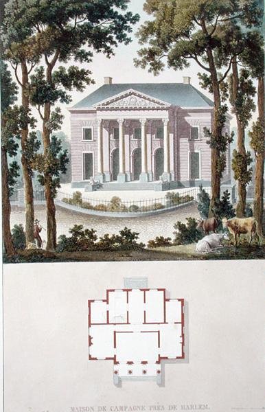 Landsted nær Haarlem, Holland, fra "Choix des Monuments, Edifices et Maisons les plus remarquables du Royaume des Pays-Bas" af Pierre Jacques Goetghebuer, udgivet 1827 (akvatint) af Pierre Jacques Goetghebuer