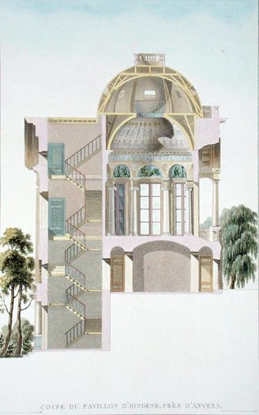 Tværsnit af pavillonen i Hingene, nær Anvers, fra "Choix des Monuments, Edifices et Maisons les plus remarquables du Royaume des Pays-Bas" af Pierre Jacques Goetghebuer, udgivet 1827 (akvaratint) (se også 186054) af Pierre Jacques Goetghebuer